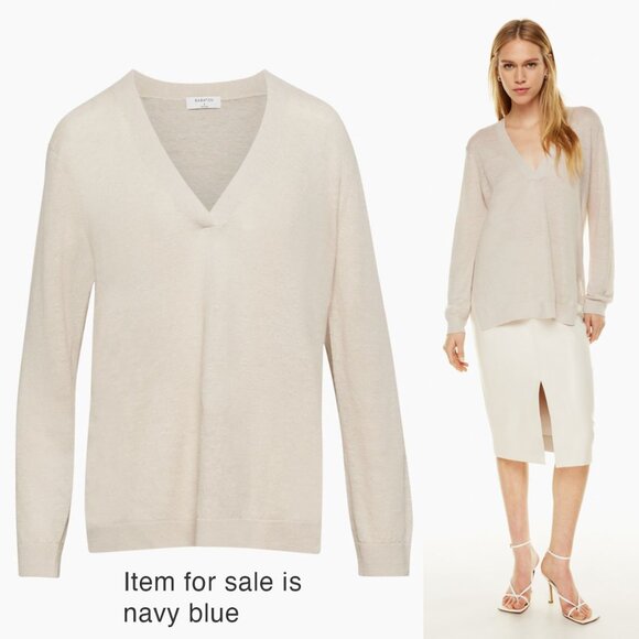 Aritzia Babaton V-Neck Midcentury 100% Linen Sweater – Navy – US Small - Picture 4 of 16